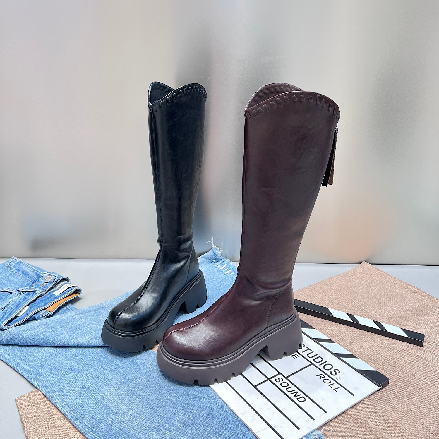 2025秋冬季新款时尚百搭厚底长筒靴女英伦风复古百搭加绒马丁靴潮