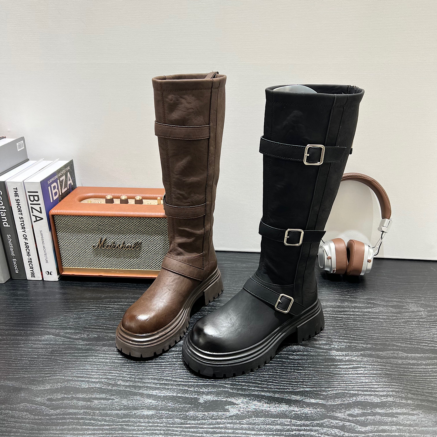 欧货2025秋冬新款时尚不过膝高筒靴女英伦风加绒长靴厚底增高女靴