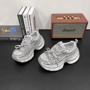 欧洲站单网老爹鞋女2026夏季新款系带配阔腿裤休闲鞋小个子厚底鞋