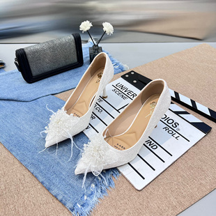 欧货2026新款单鞋女时尚百搭尖头水钻法式中跟宴会婚纱鞋高跟鞋潮