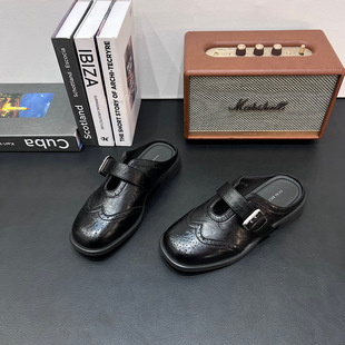 欧货超火黑色外穿拖鞋女2026春夏英伦风复古浅口小皮鞋百搭女鞋潮