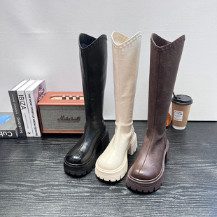 马丁靴女长筒靴2025新款 加绒V口不过膝高筒骑士靴小个子长靴 冬季