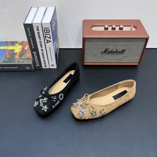 法式方头水钻蝴蝶结浅口单鞋女2026春季新款平底芭蕾舞鞋气质瓢鞋