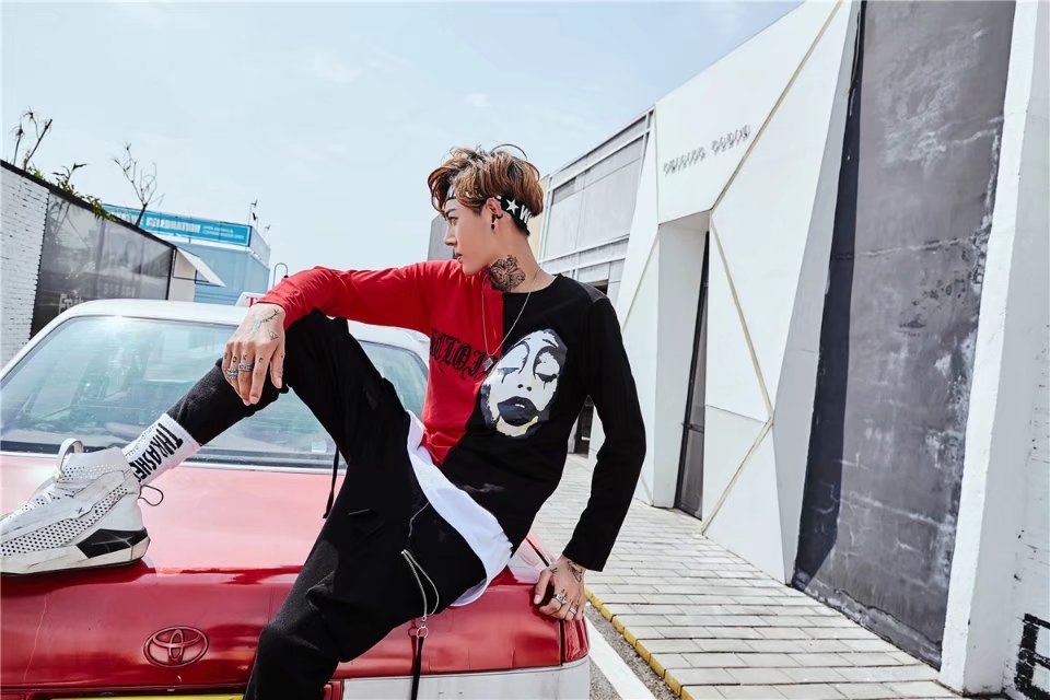 薛之谦潮流男t恤2017新款秋韩版男士薄款宽松圆领拼接小丑长袖t恤|ruв категории Мужская одежда, футболка - от Buy2taobao.com для оказания профессиональной услуги покупки агента Taobao