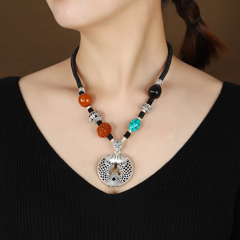 复古民族风仿泰银短款项链藏银松石锁骨链简约毛衣链挂件配饰品女