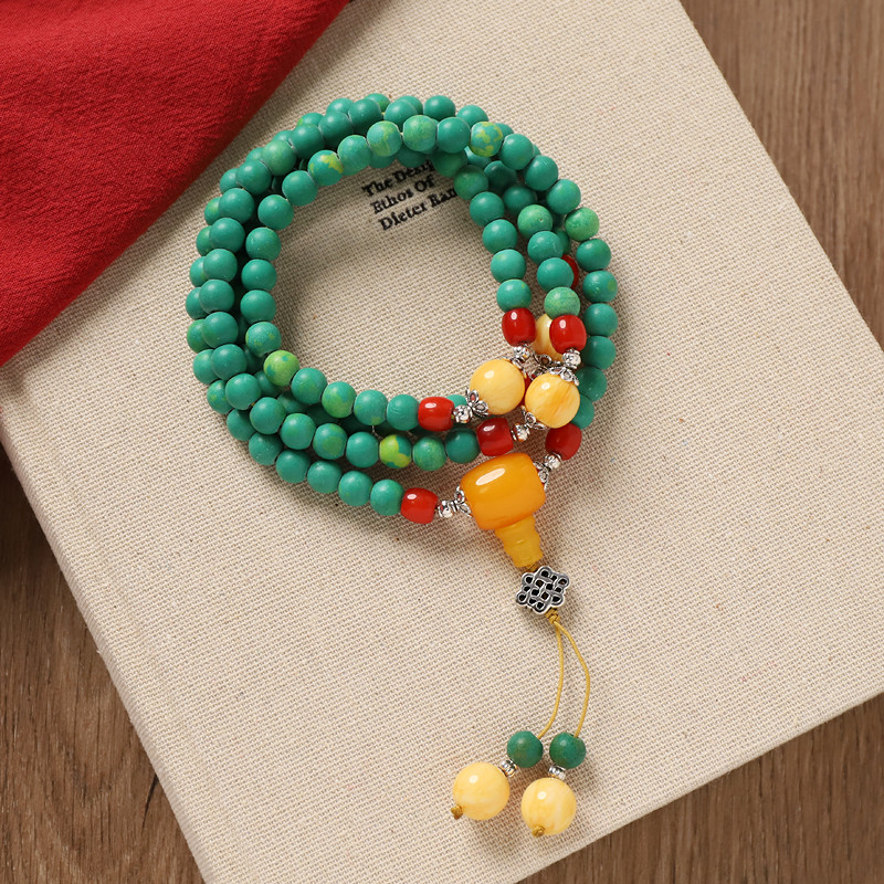 藏式尼泊尔绿松石多圈叠戴手串108颗佛珠项链蜜蜡毛衣链车挂配饰