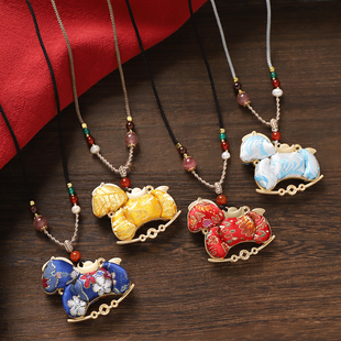 马上有钱长款 国风手工创意毛衣链百搭挂绳配饰品 双面宋锦吊坠新款