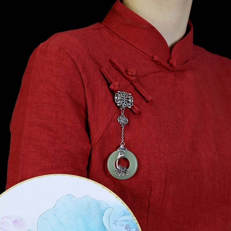 玉扣青莲旗袍压襟挂件高档平安扣莲花吊坠中国风藏银古风汉服配饰