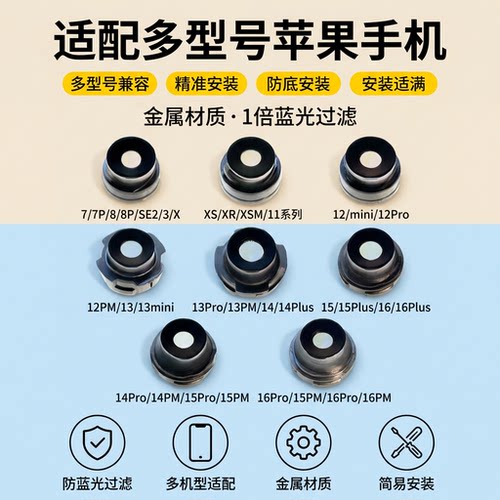 适用苹果12 13 14Pro蓝光珠15 Promax 16PM前置后置摄像头 蓝光圈