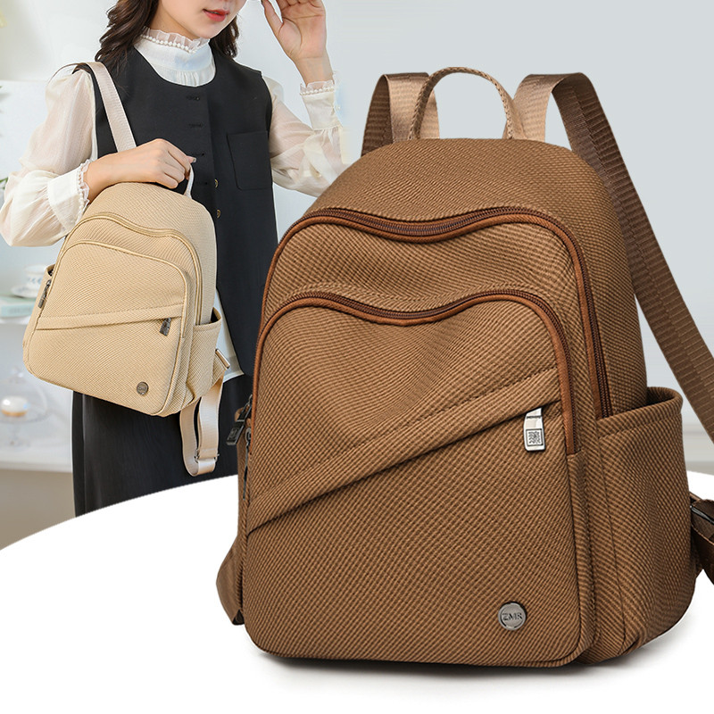 简约风多口袋双肩包女上班通勤包大容量女士防水户外旅行软皮背包