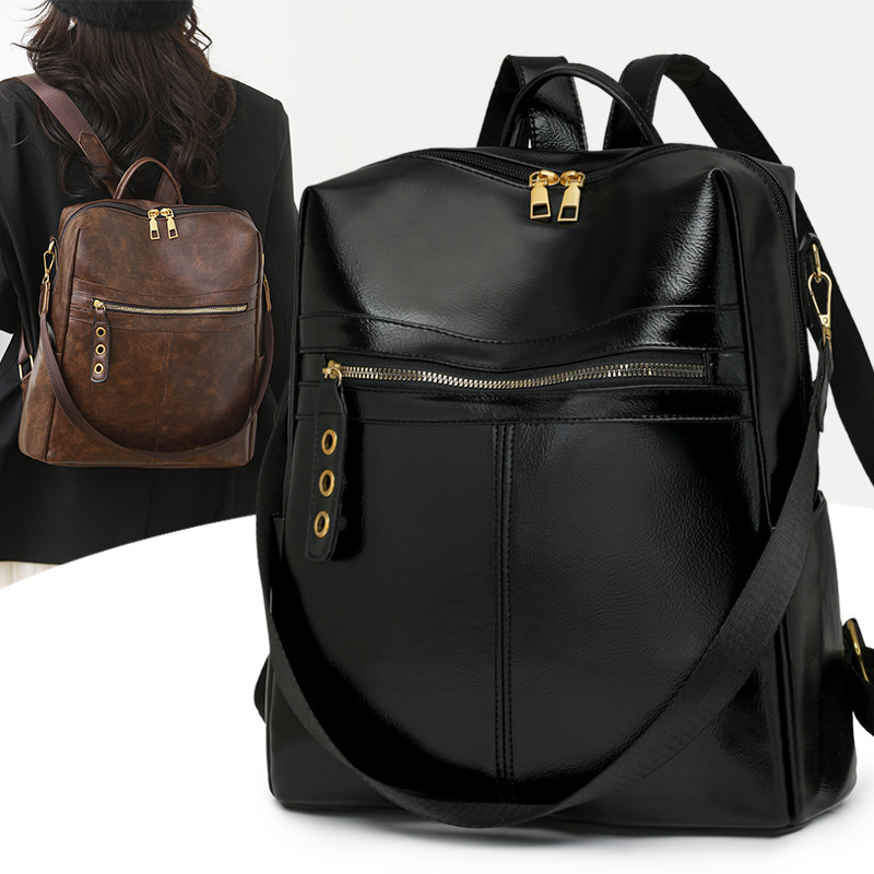 百搭双肩包女2026新款简约pu软皮商务风旅游通勤大容量可斜挎书包