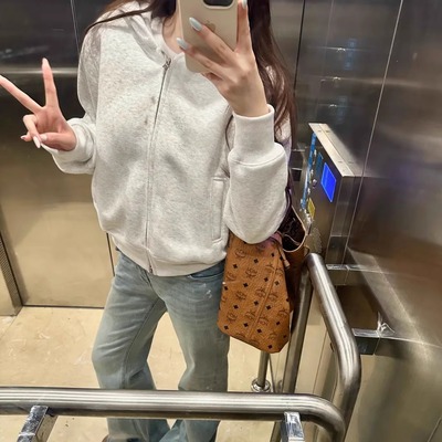 2025年超火小个子短款外套卫衣女生秋冬装双拉链简约灰色小众开衫