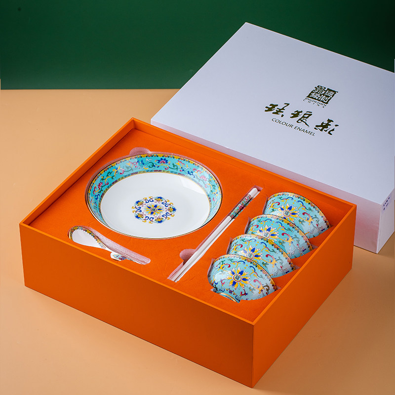 珐琅彩饭碗盘勺筷子碟套装家用高档结婚送礼品盒宫廷风景德镇陶瓷