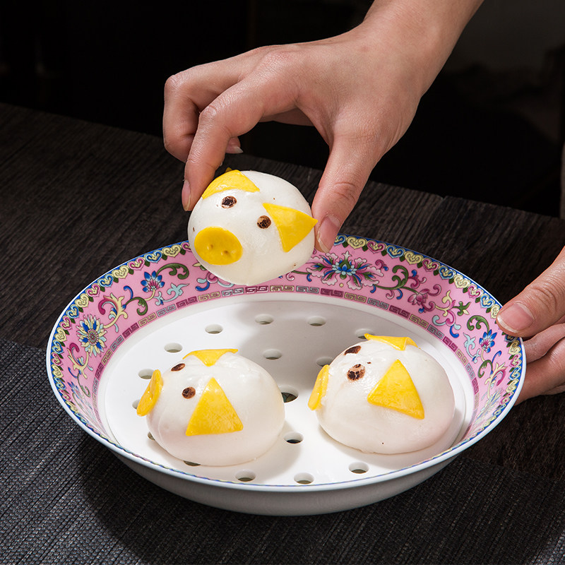 珐琅彩水饺盘子家用双层蒸馒头滤水大号深盘水果盘景德镇陶瓷餐具