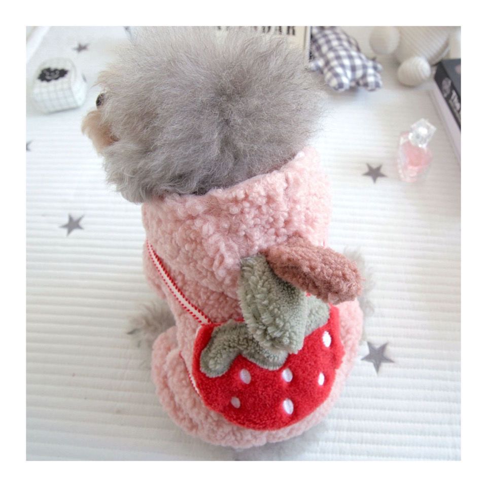 宠物衣服小型犬粉红草莓棉衣狗狗服装秋冬加绒加厚羊羔绒棉袄保暖