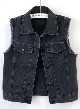 RIRI BAO港风复古毛边黑色牛仔马甲女春秋时尚无袖上衣马夹外套潮