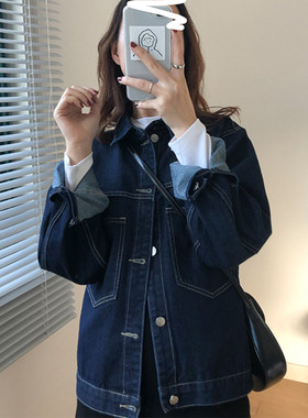 RIRI BAO牛仔外套女春秋复古设计bf深蓝色宽松短款夹克上衣潮ins