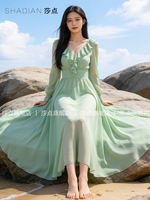 Green long-sleeved V-neck chiffon dress for women's summer 2026 new style, waist-cinched long skirt, beach vacation dress thumbnail 4