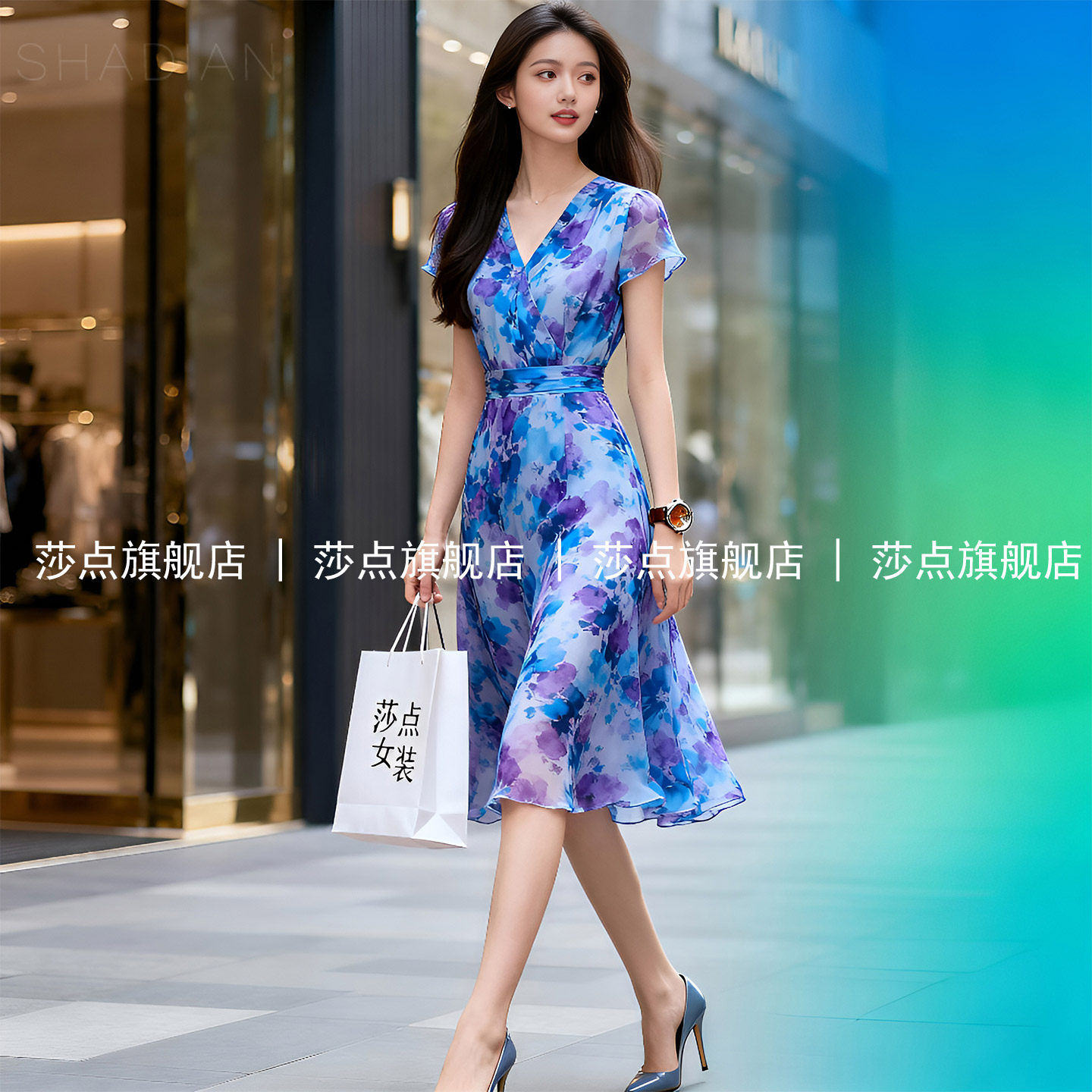 V领短袖蓝色碎花雪纺连衣裙女夏收腰气质裙子高级感显瘦通勤长裙