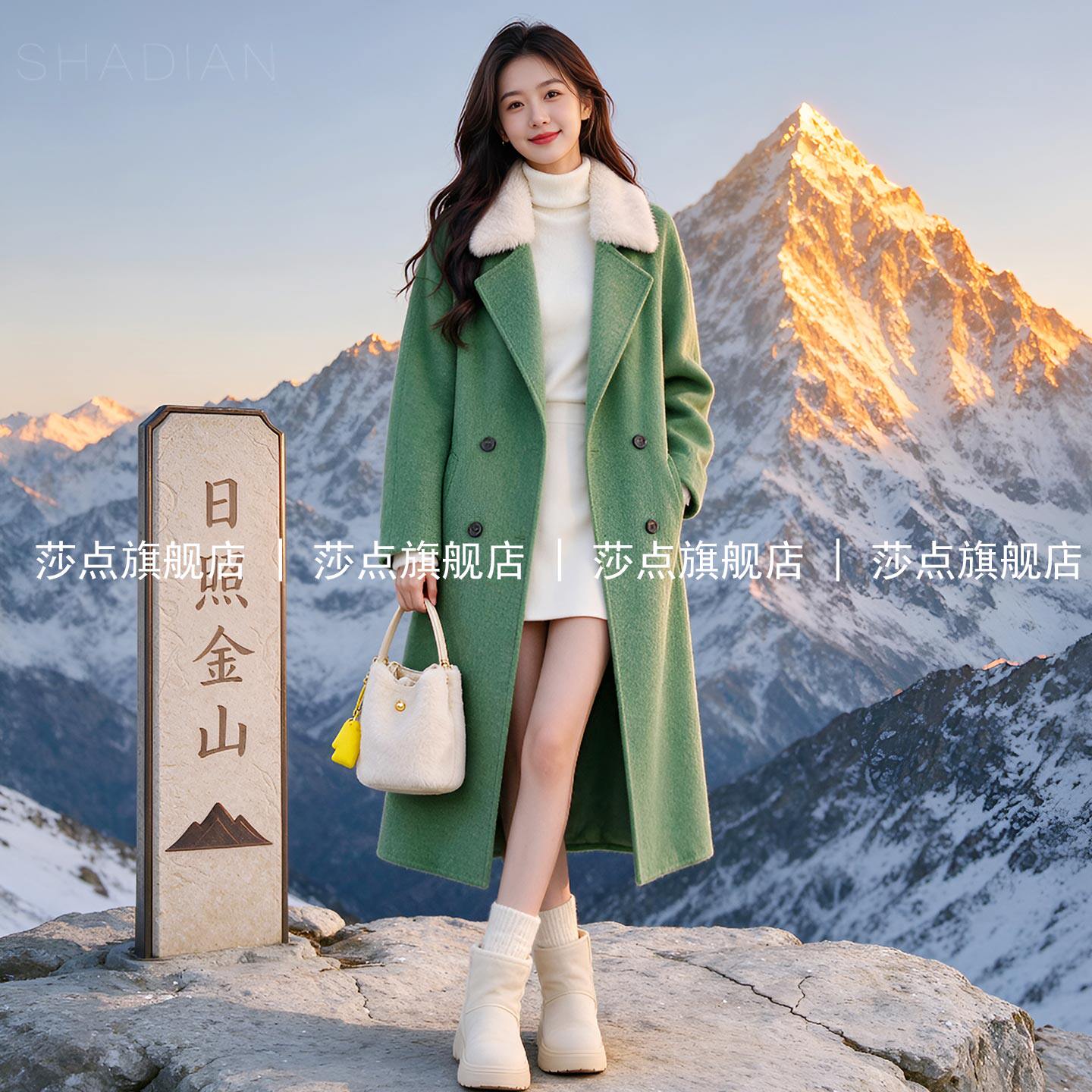 绿色毛领双排扣毛呢外套女冬加厚