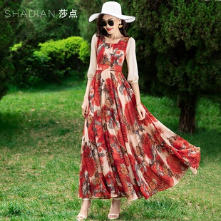 连衣裙女方领灯笼袖 到脚踝大摆长裙收腰显瘦仙女裙沙滩裙 新款 夏季