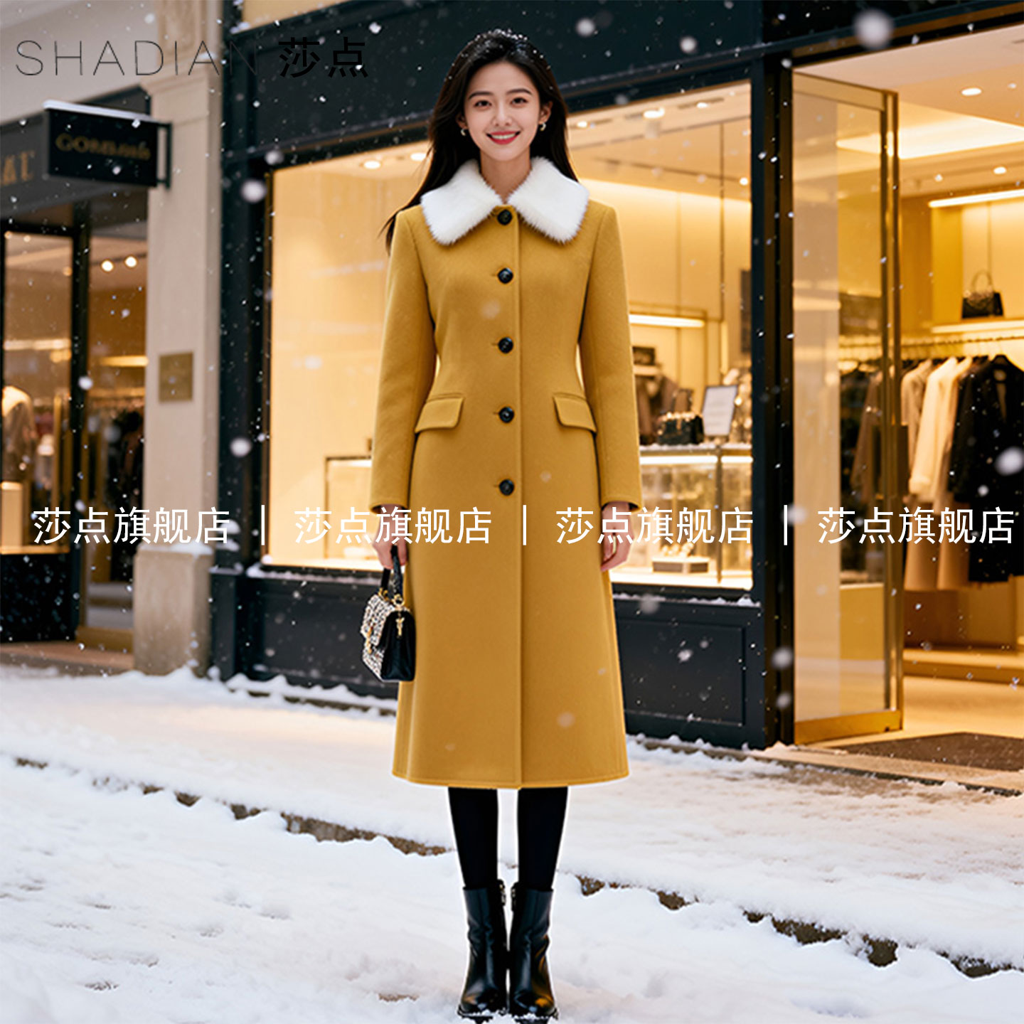 桔色毛领呢子大衣女冬中长款