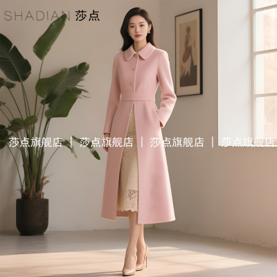 赫本风粉色毛呢外套女中长款冬季