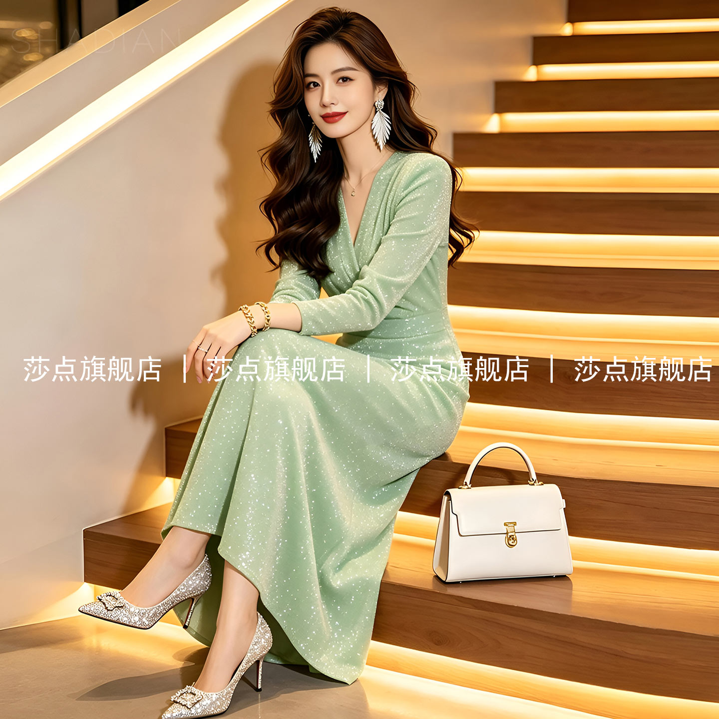 浅绿色V领长袖连衣裙女秋季2026新款气质收腰修身长裙长款礼服裙