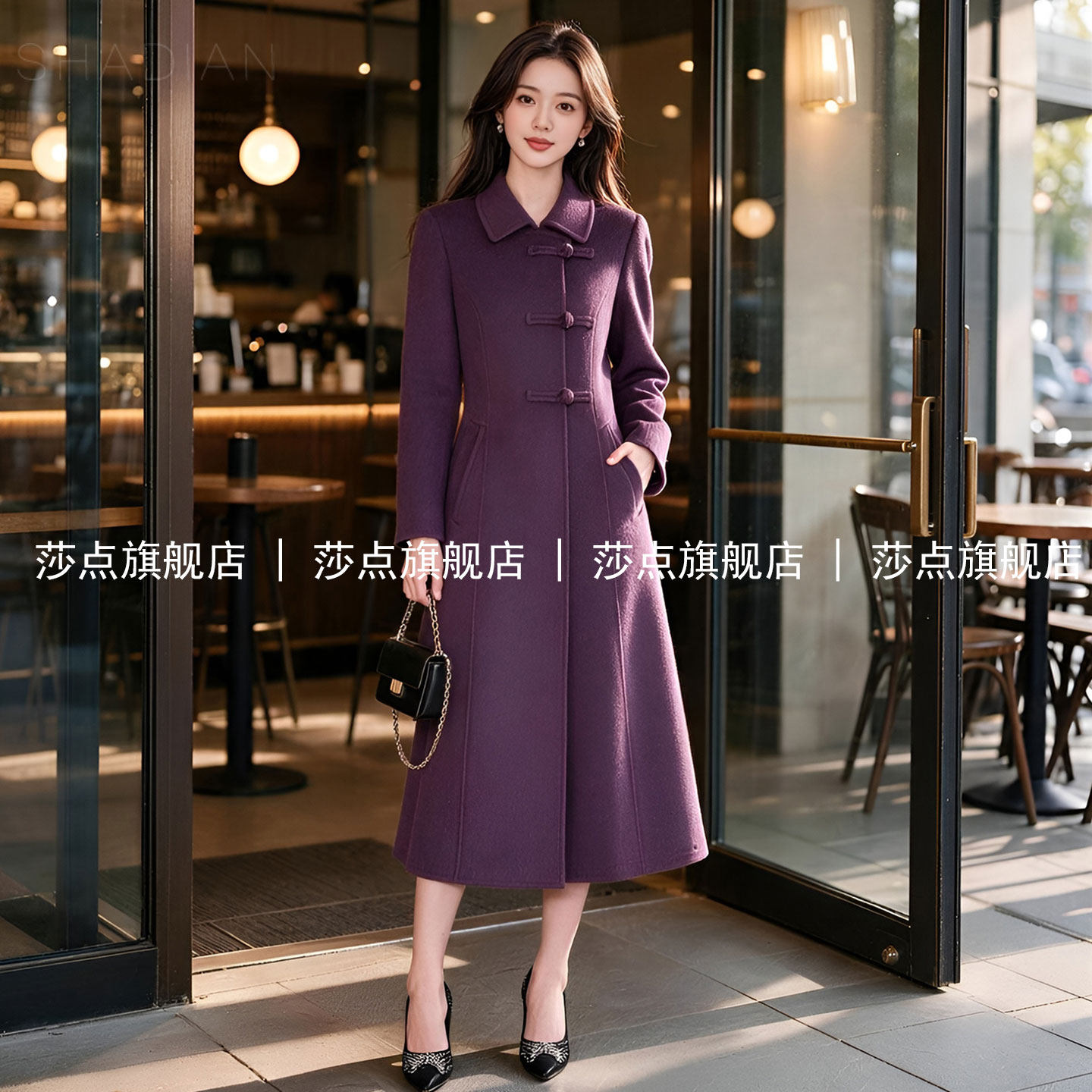新中式紫色毛呢外套女秋冬加厚