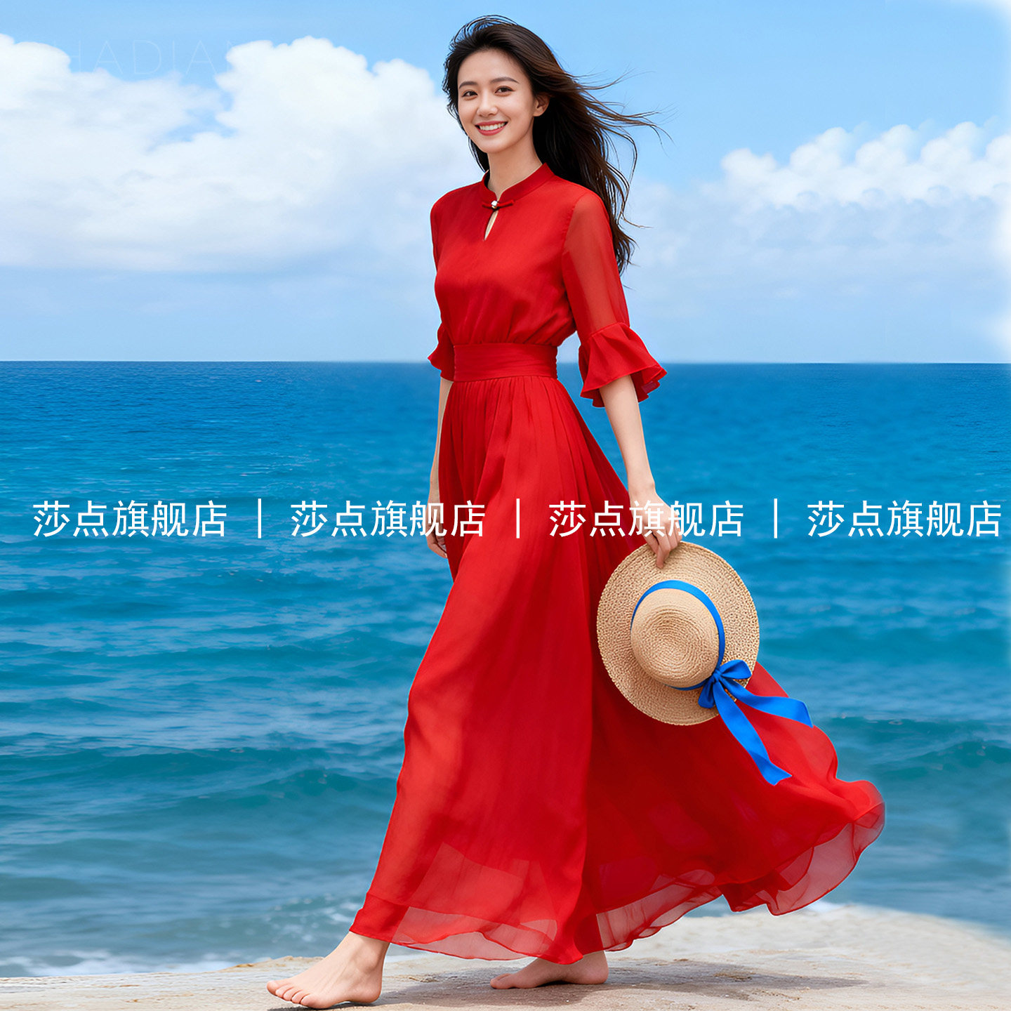 新中式短袖红色薄纱连衣裙女夏长款大摆裙长裙气质海边度假沙滩裙