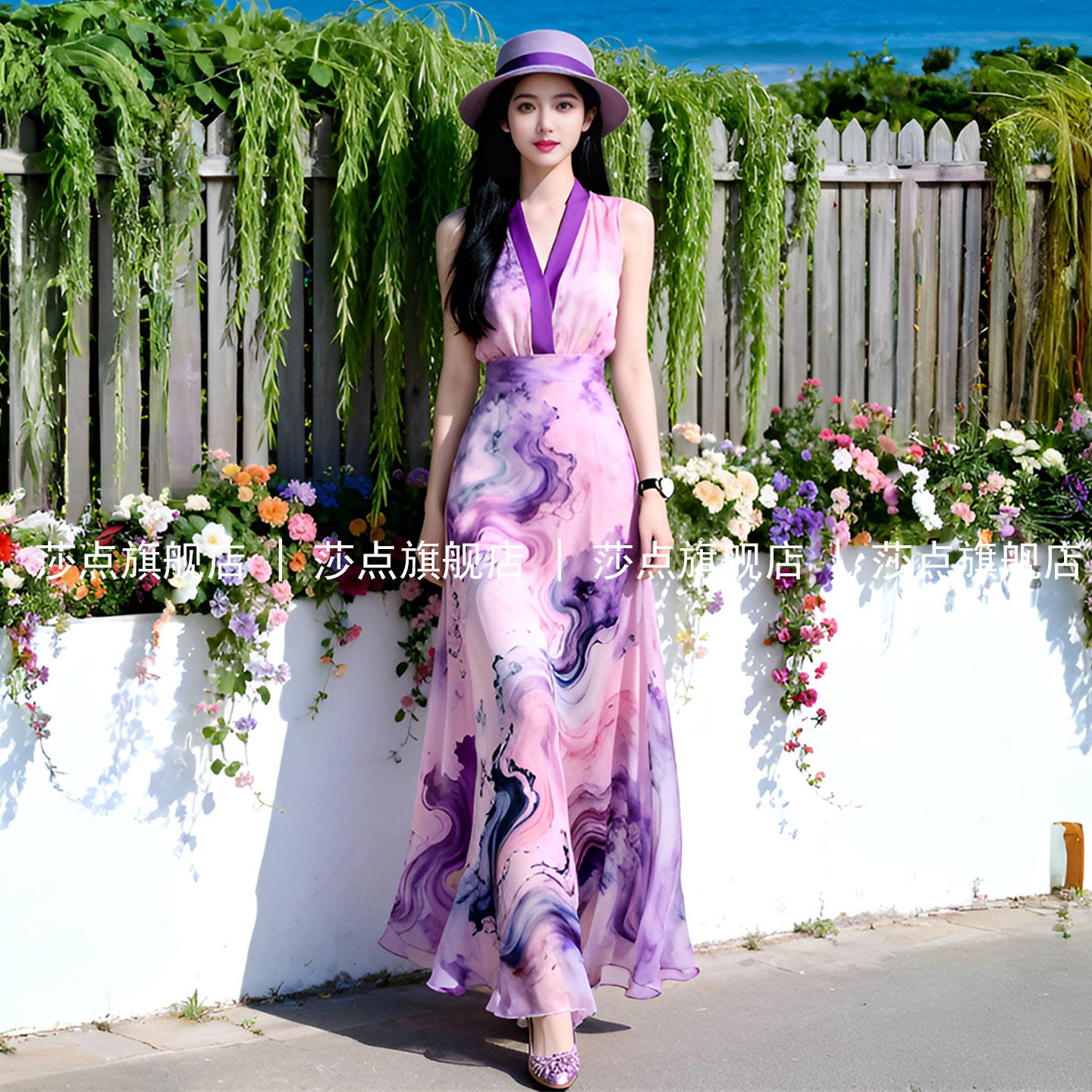 V领粉紫色无袖雪纺长裙碎花连衣裙女夏长款沙滩裙海边度假背心裙