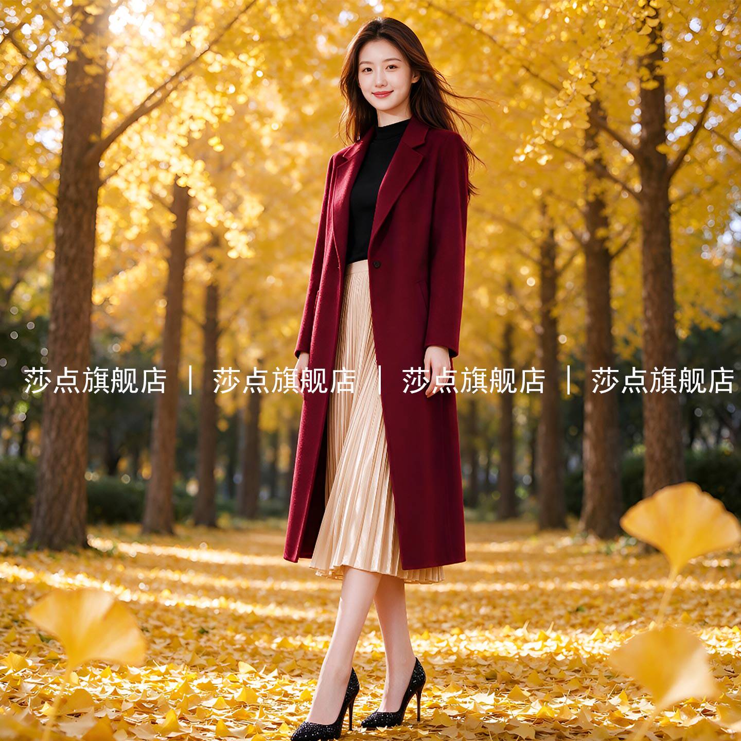 一粒扣酒红色呢子大衣女冬