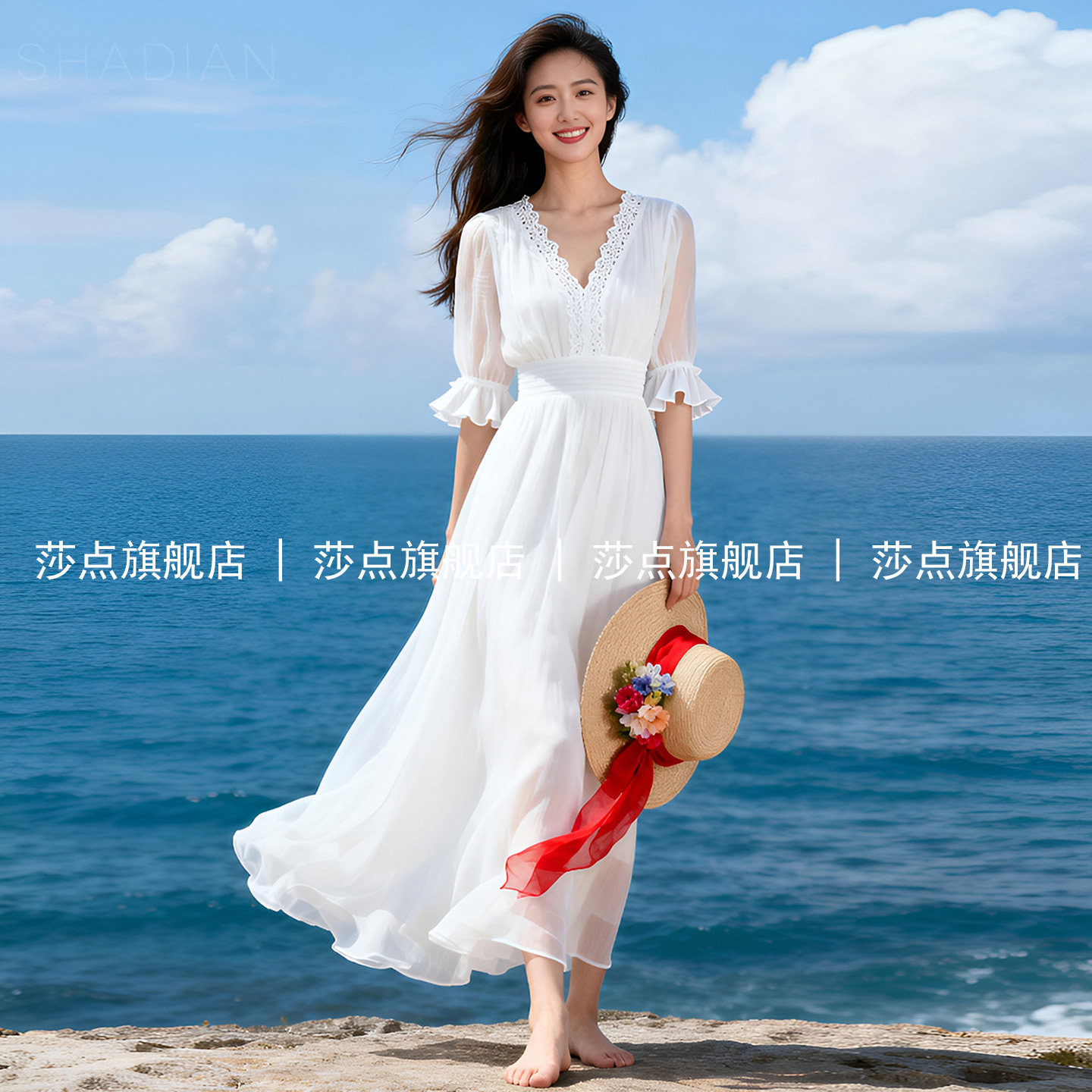蕾丝V领短袖薄纱白色连衣裙女夏度假长裙长款雪纺沙滩裙设计感