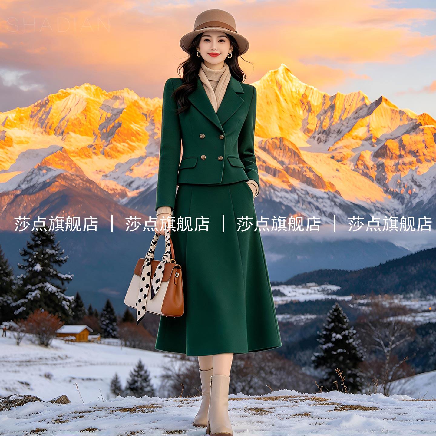 绿色休闲小西装套装裙女秋冬
