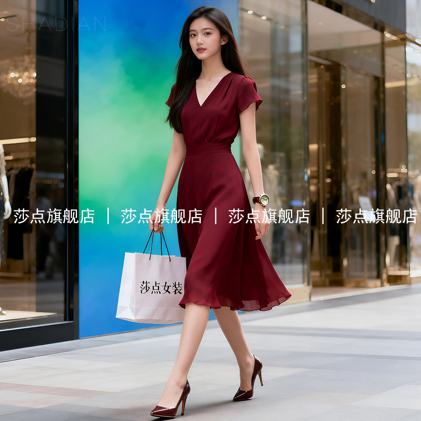 酒红色V领短袖薄纱连衣裙女夏