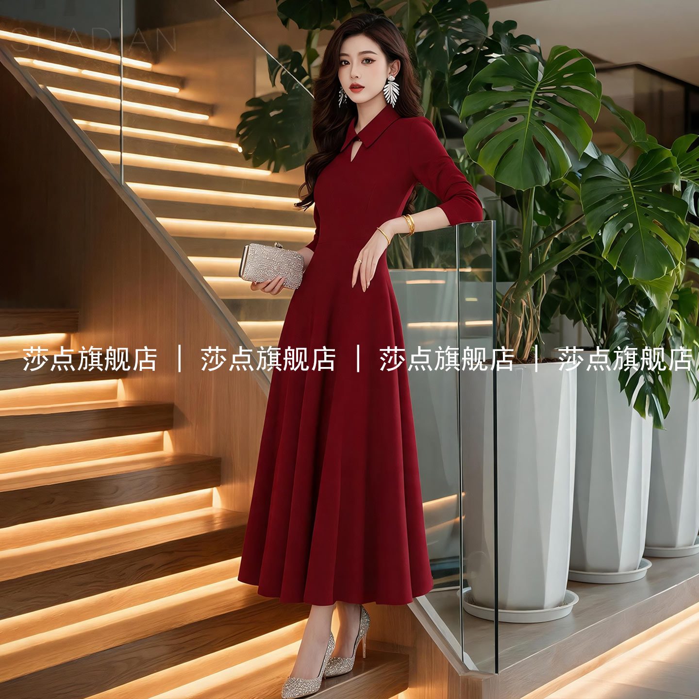 长袖红色连衣裙女春秋