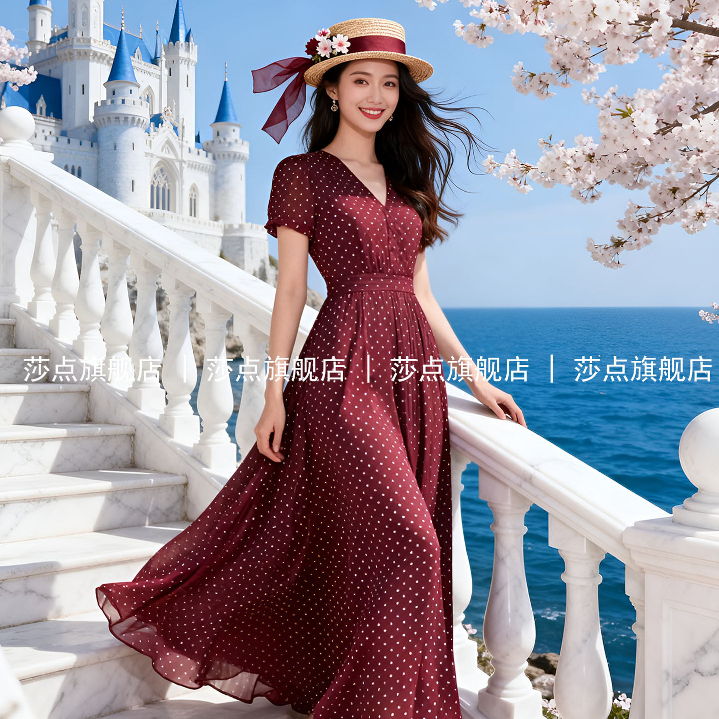 V领短袖波点海边度假连衣裙女