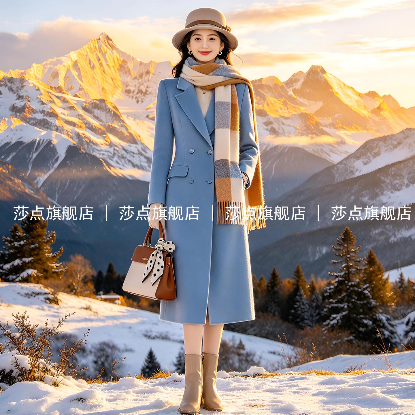 蓝色双排扣呢子大衣女秋冬