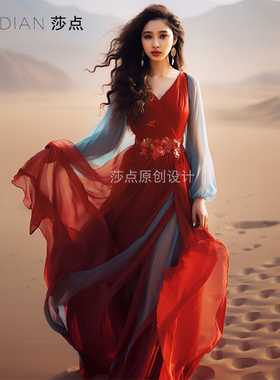 三亚青海湖沙滩裙超仙海边度假连衣裙红色沙漠长裙敦煌风拍照裙子