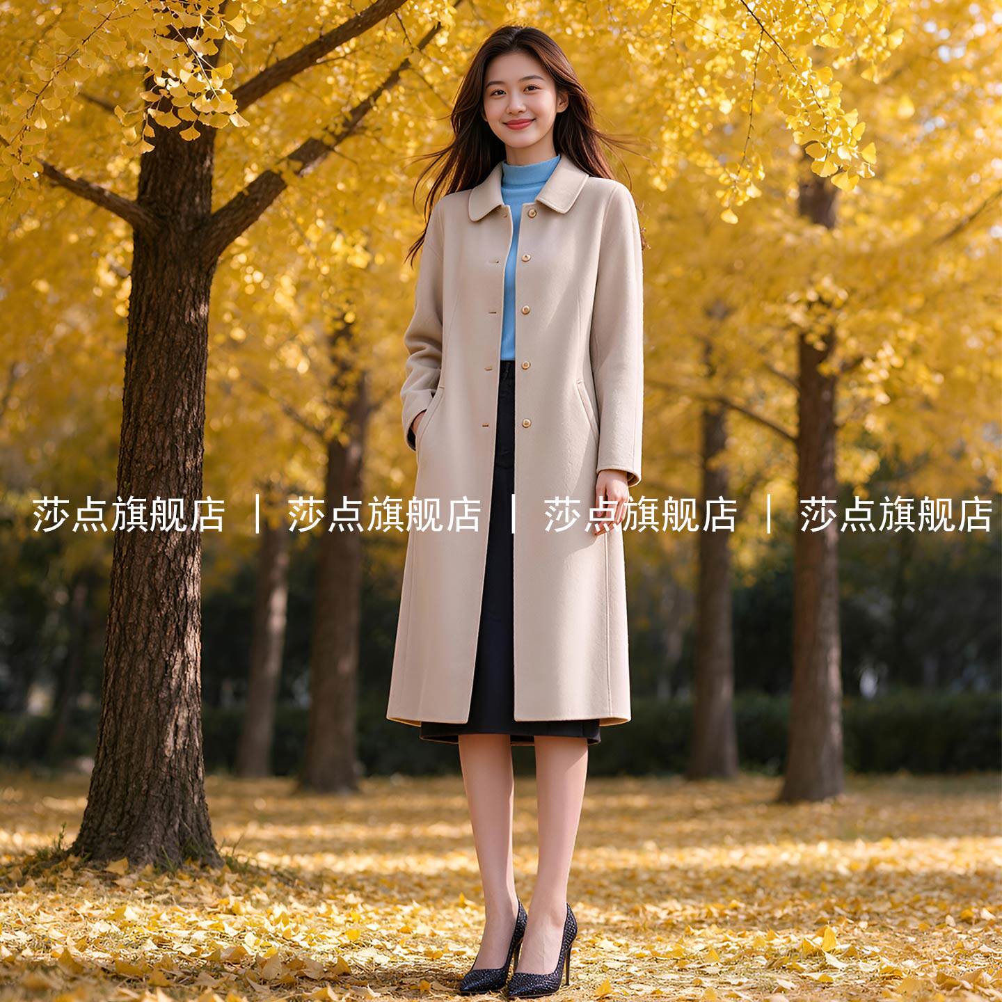 翻领单排扣毛呢外套女中长款