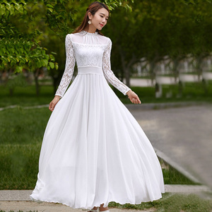 2026夏季雪纺连衣裙女夏长款蕾丝白色连衣裙高腰显瘦遮肚子长裙子