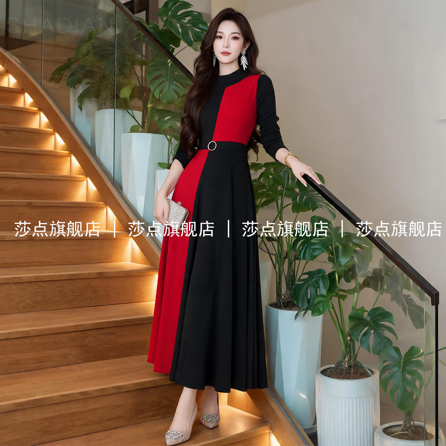 红黑拼色长袖连衣裙女春秋