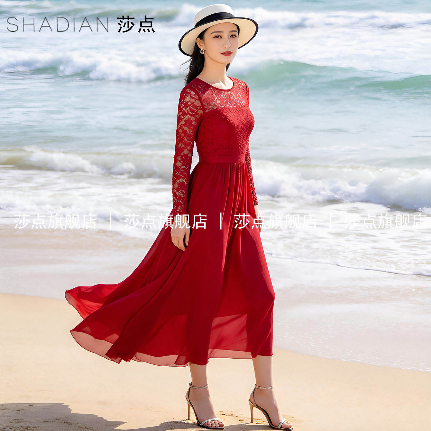红色蕾丝镂空连衣裙女