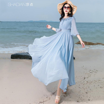 莎点长款连衣裙2026夏雪纺修身洋气显瘦仙女大摆长裙飘逸沙滩裙子
