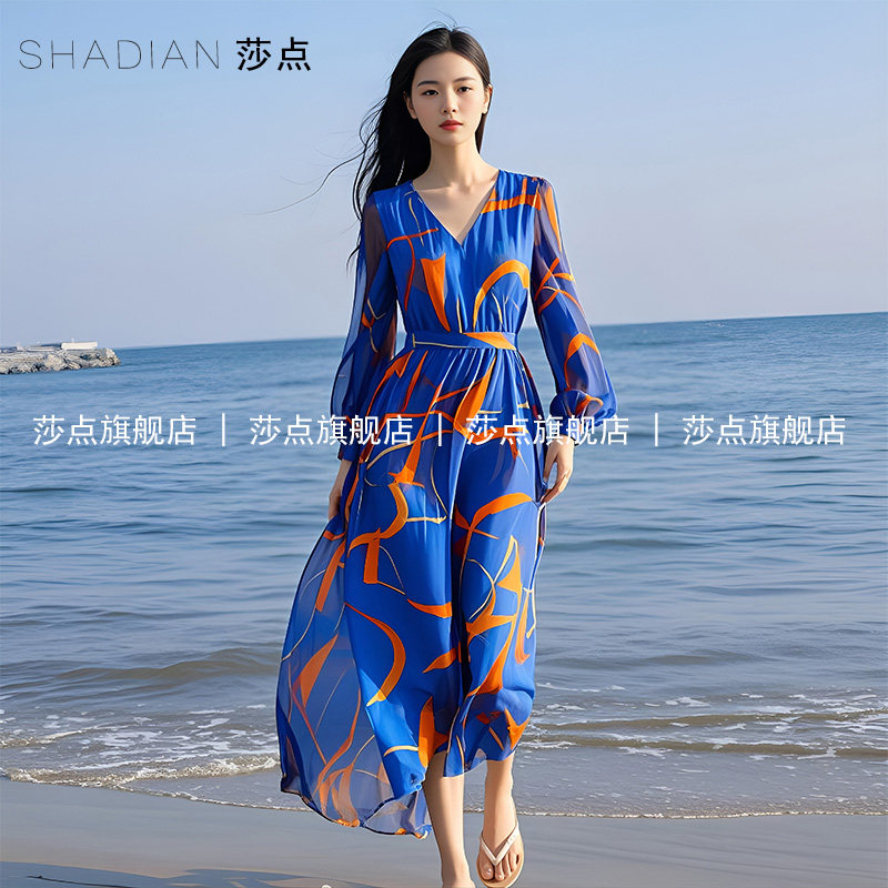 蓝色V领雪纺薄纱连衣裙女夏长款