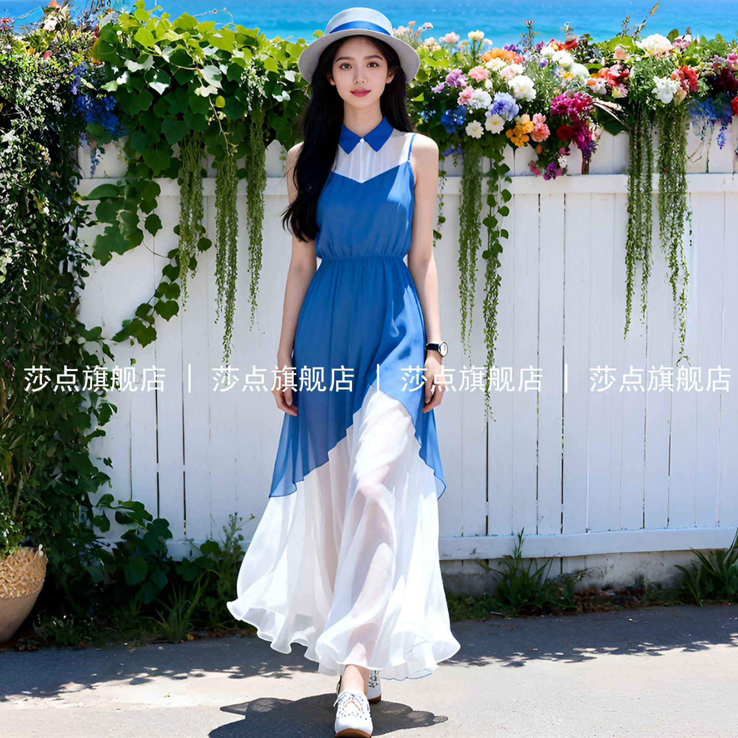 蓝色假两件拼接无袖背心裙女夏