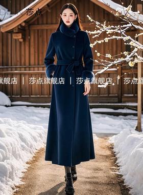 冬季新款富家千金呢子大衣高级感绝美蓝色气质中长款毛呢外套女