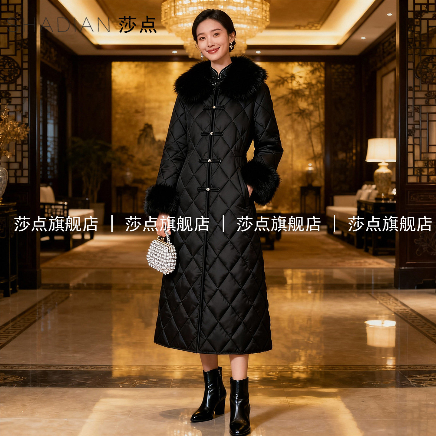 黑色毛领新中式羽绒棉服女冬季