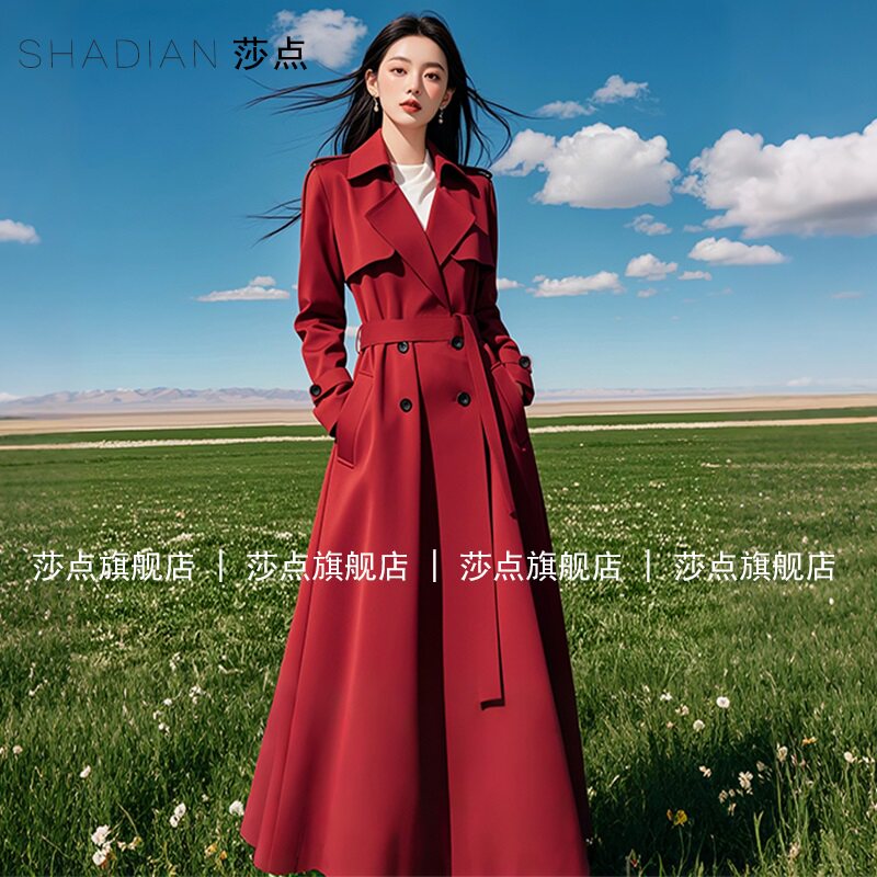 莎点中长款红色风衣外套