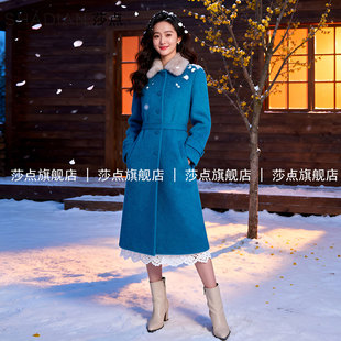 蓝色单排扣呢子大衣女冬加厚中长款收腰气质加棉毛呢外套小个子